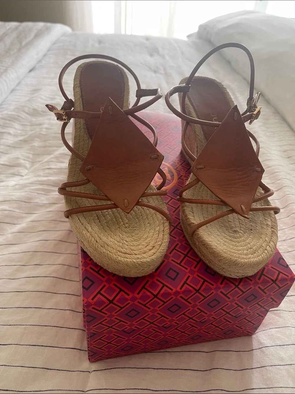 Tory Burch Tan Leather Espadrille Wedge Sandals